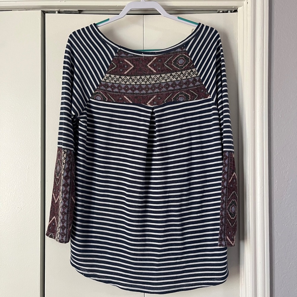 ODDY Navy White Striped Boho Print Sleeve Tunic‎ Top Shirt Womens XL